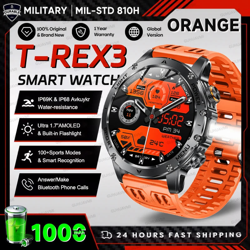 2025 Outdoor New 1000mAh Battery T-Rex 3 Military Grade Smart Watch Men IP69K Waterproof GPS HD Bluetooth Call 100+Sports Watch