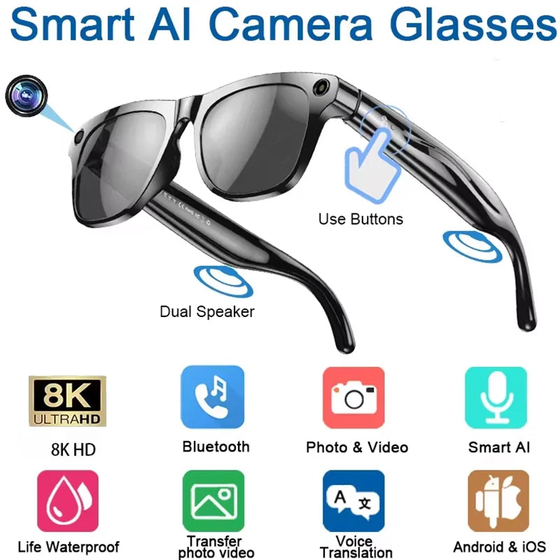 AI Smart Glasses 8K HD Photochromic Multifunction Translate Camera Glasse Bluetooth Calling Voice Assistant Music Player