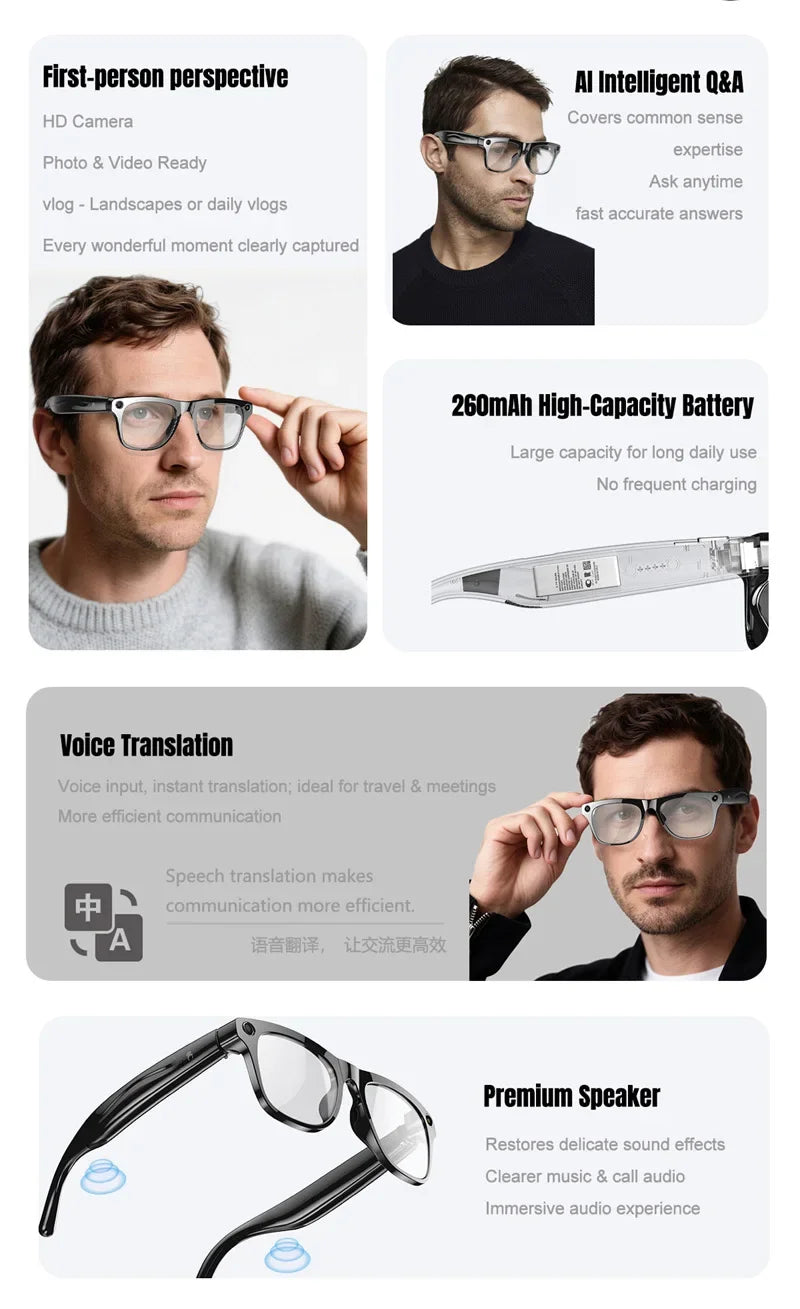AI Smart Glasses 8K HD Photochromic Multifunction Translate Camera Glasse Bluetooth Calling Voice Assistant Music Player