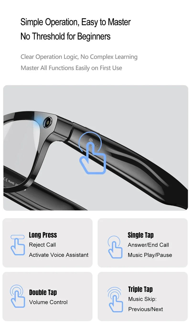 AI Smart Glasses 8K HD Photochromic Multifunction Translate Camera Glasse Bluetooth Calling Voice Assistant Music Player
