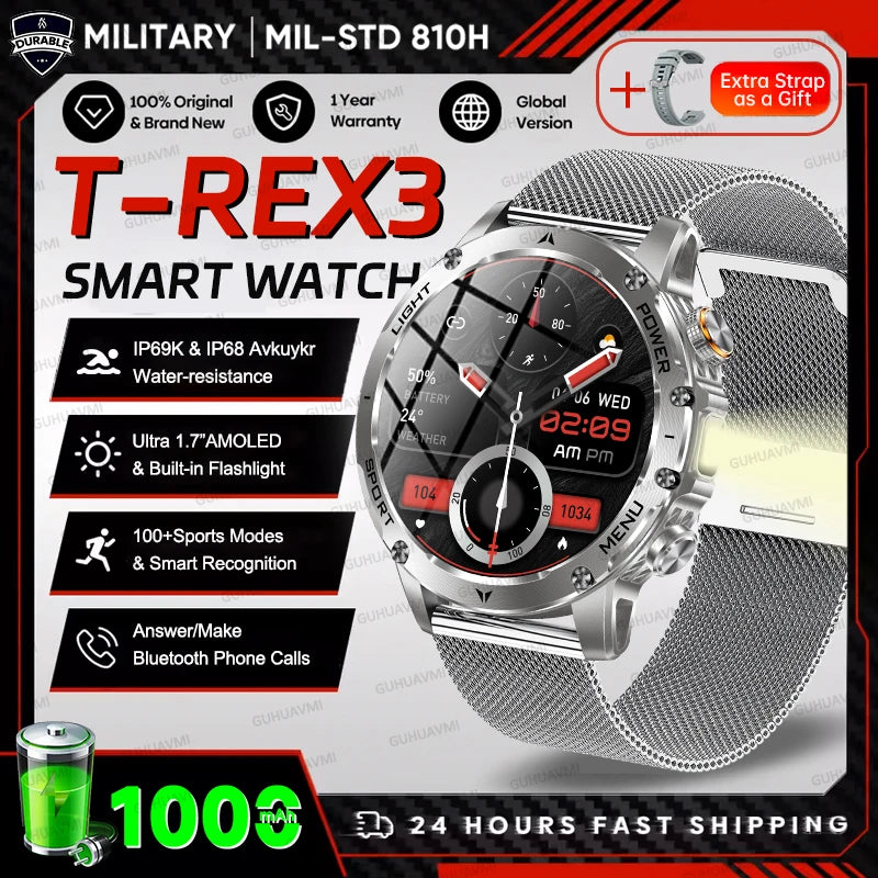 2025 Outdoor New 1000mAh Battery T-Rex 3 Military Grade Smart Watch Men IP69K Waterproof GPS HD Bluetooth Call 100+Sports Watch