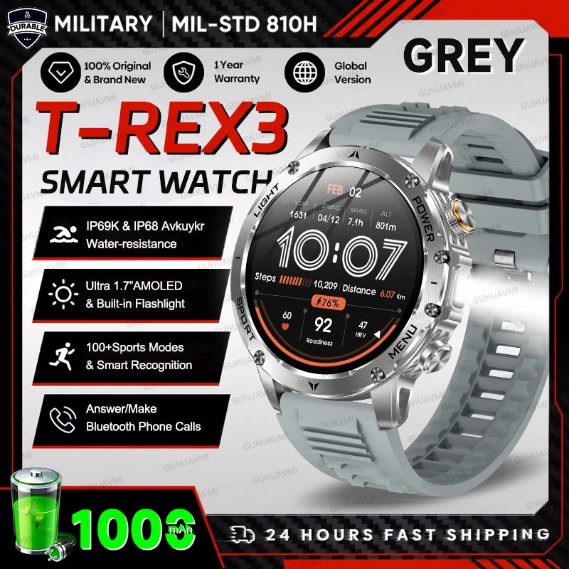 2025 Outdoor New 1000mAh Battery T-Rex 3 Military Grade Smart Watch Men IP69K Waterproof GPS HD Bluetooth Call 100+Sports Watch