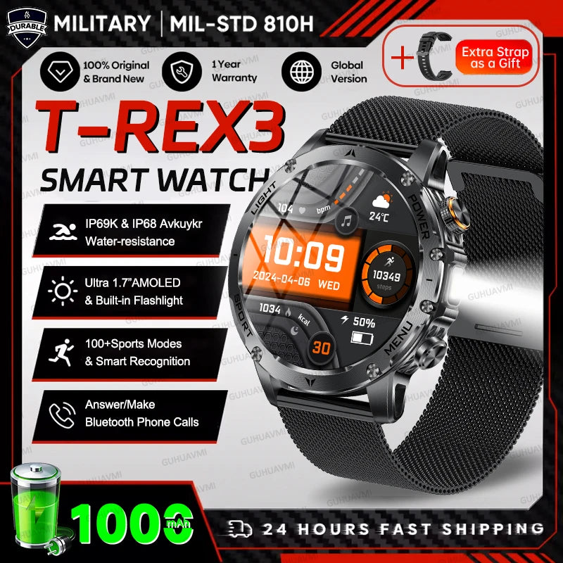 2025 Outdoor New 1000mAh Battery T-Rex 3 Military Grade Smart Watch Men IP69K Waterproof GPS HD Bluetooth Call 100+Sports Watch