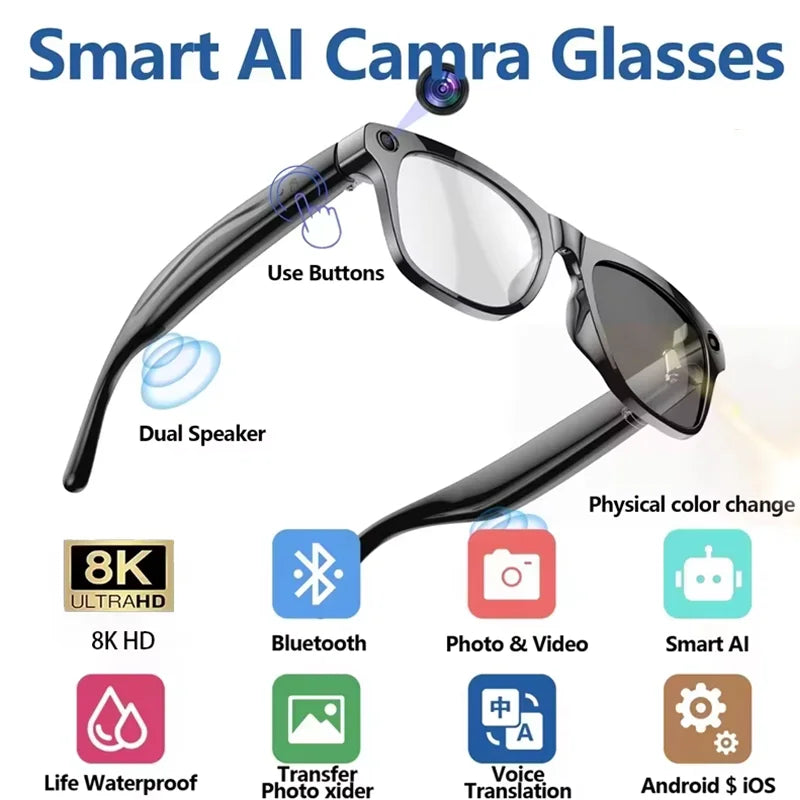 AI Smart Glasses 8K HD Photochromic Multifunction Translate Camera Glasse Bluetooth Calling Voice Assistant Music Player
