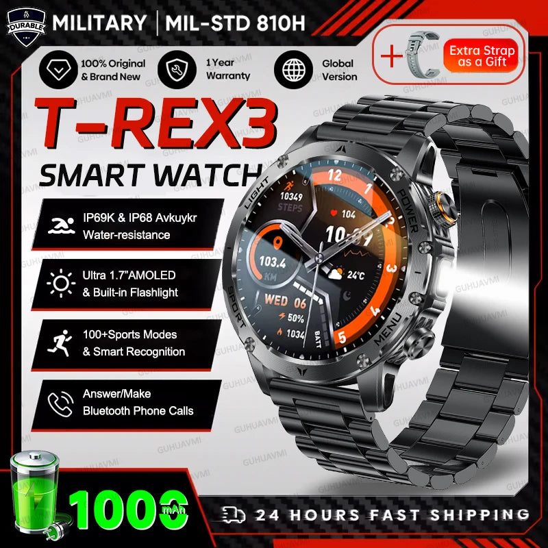 2025 Outdoor New 1000mAh Battery T-Rex 3 Military Grade Smart Watch Men IP69K Waterproof GPS HD Bluetooth Call 100+Sports Watch