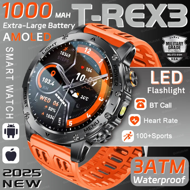 2025 Outdoor New 1000mAh Battery T-Rex 3 Military Grade Smart Watch Men IP69K Waterproof GPS HD Bluetooth Call 100+Sports Watch