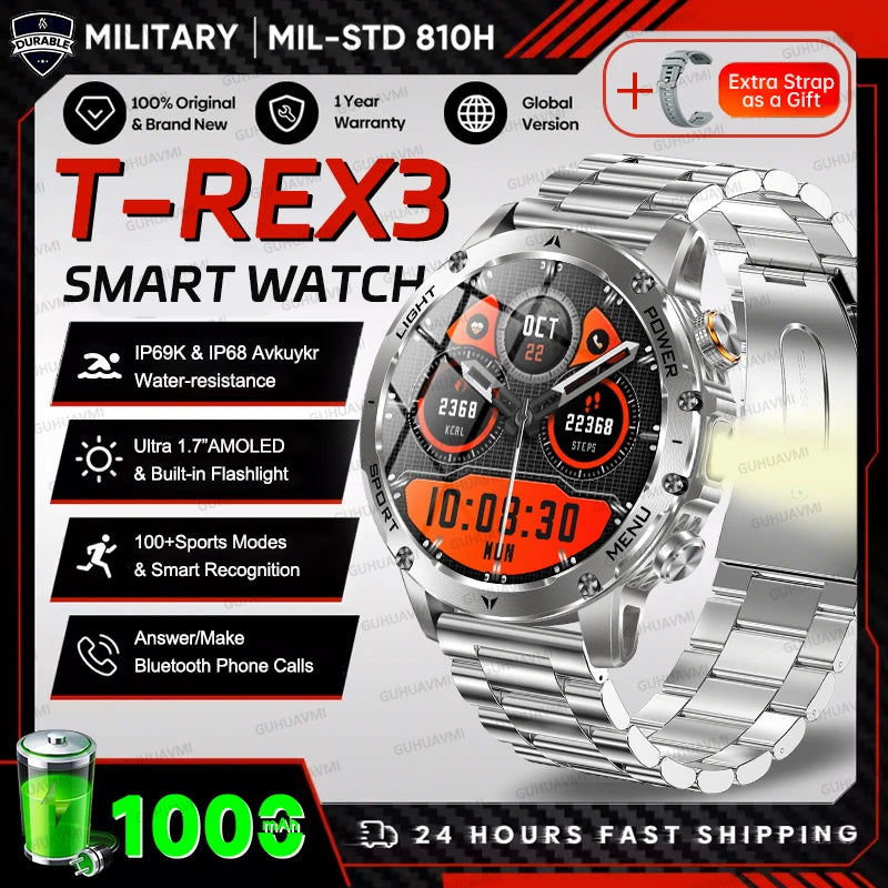 2025 Outdoor New 1000mAh Battery T-Rex 3 Military Grade Smart Watch Men IP69K Waterproof GPS HD Bluetooth Call 100+Sports Watch