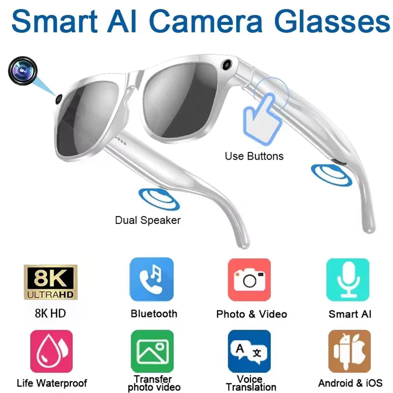 AI Smart Glasses 8K HD Photochromic Multifunction Translate Camera Glasse Bluetooth Calling Voice Assistant Music Player