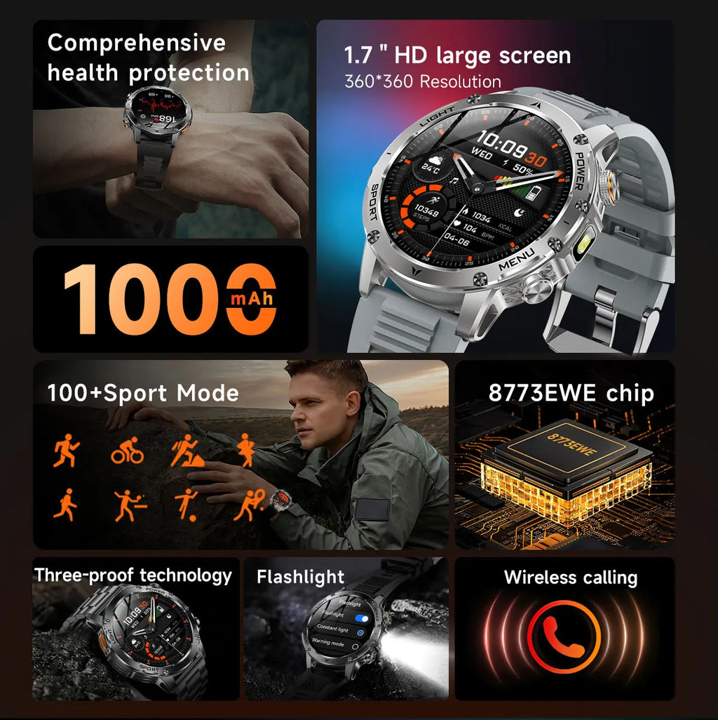 2025 Outdoor New 1000mAh Battery T-Rex 3 Military Grade Smart Watch Men IP69K Waterproof GPS HD Bluetooth Call 100+Sports Watch